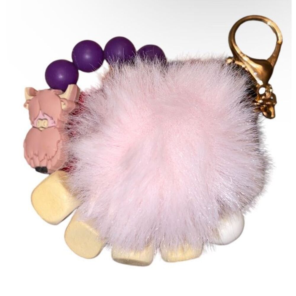🎀2/$20🎀 Pink and Purple Highland Cow Keychain Wristlet with Pom Pom
